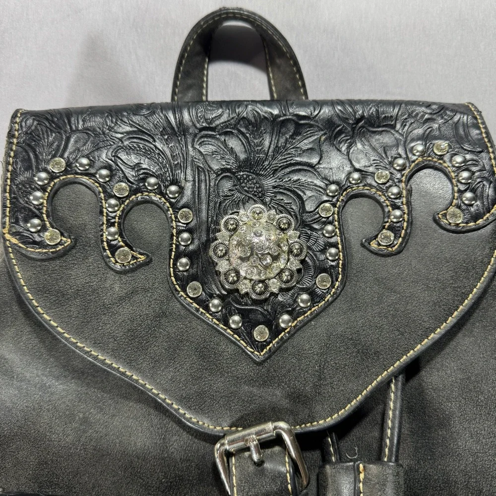 Montana West Womens Western Tooled Studded Backpack Purse Charcoal Gray Black